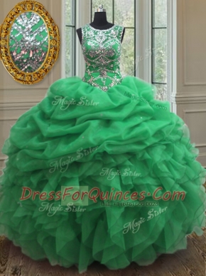 Lace Up Scoop Beading and Ruffles and Pick Ups Quinceanera Gown Organza Sleeveless