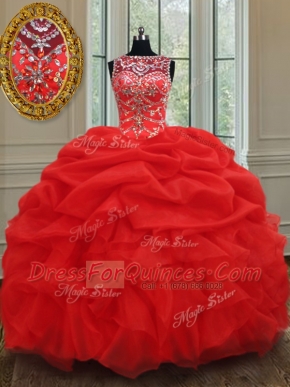 See Through Red Lace Up Quinceanera Dress Beading and Ruffles Sleeveless Floor Length