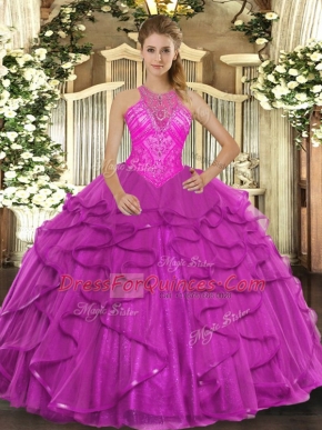 Beading and Ruffles Quinceanera Gowns Fuchsia Lace Up Sleeveless Floor Length