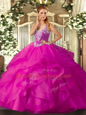 Ball Gowns Ball Gown Prom Dress Fuchsia Straps Tulle Sleeveless Floor Length Lace Up