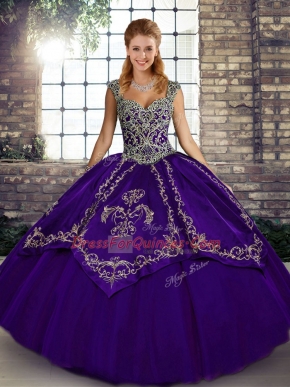 Chic Purple Quinceanera Gowns Military Ball and Sweet 16 and Quinceanera with Beading and Embroidery Straps Sleeveless Lace Up