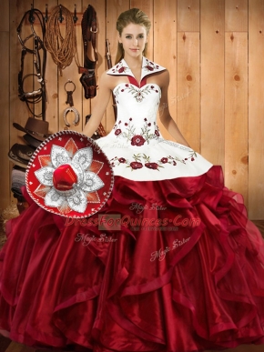 Chic Wine Red Ball Gowns Organza Halter Top Sleeveless Embroidery and Ruffles Floor Length Lace Up 15th Birthday Dress