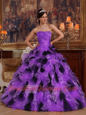 Elegant Purple and Black Ball Gown Strapless Floor-length Organza Quinceanera Dress