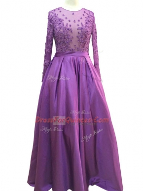Modern Purple Taffeta Zipper Scoop Long Sleeves Floor Length Prom Dress Beading and Lace and Appliques