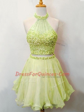 Eye-catching Beading Dama Dress Yellow Green Lace Up Sleeveless Knee Length