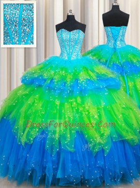Multi-color Lace Up Sweetheart Beading and Ruffled Layers Quinceanera Gowns Tulle Sleeveless