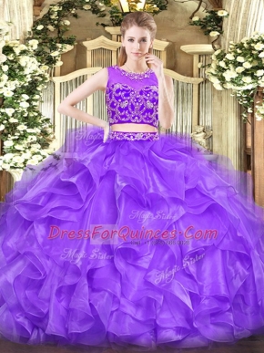 Fashionable Lavender Tulle Zipper Scoop Sleeveless Floor Length 15th Birthday Dress Beading and Ruffles