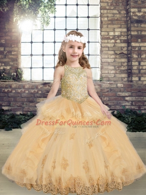 Floor Length Champagne Child Pageant Dress Tulle Sleeveless Appliques