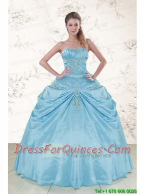 2015 Discount Aqua Blue Strapless Sweet 15 Dress with Appliques