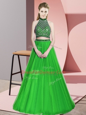 Fashionable Green Prom Gown Prom and Party and Military Ball with Beading Halter Top Sleeveless Backless