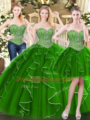 Green Sweetheart Lace Up Beading and Ruffles Sweet 16 Dress Sleeveless