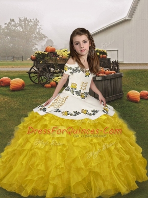 Gold Lace Up Straps Embroidery and Ruffles Little Girl Pageant Gowns Organza Sleeveless