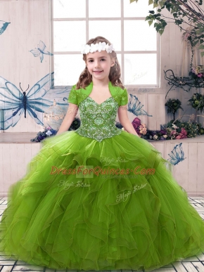Olive Green Lace Up Little Girls Pageant Dress Wholesale Beading Sleeveless Floor Length