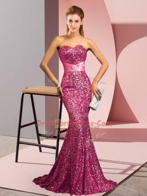 Customized Sweetheart Sleeveless Sweep Train Backless Party Dress for Girls Pink Sequined