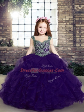 Custom Designed Tulle Straps Sleeveless Lace Up Beading and Ruffles Girls Pageant Dresses in Purple