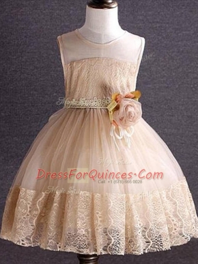Champagne Ball Gowns Scoop Sleeveless Tulle Knee Length Zipper Lace and Hand Made Flower Little Girl Pageant Gowns