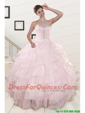 2015 Cute Baby Pink Quinceanera Dresses with Beading and Ruffles