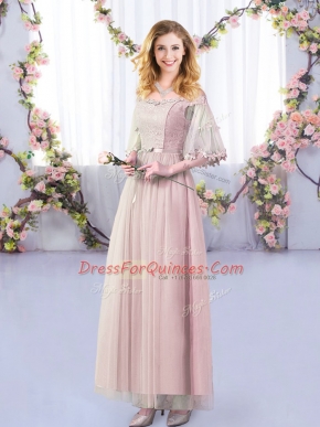 Nice Half Sleeves Side Zipper Floor Length Lace and Belt Quinceanera Dama Dress