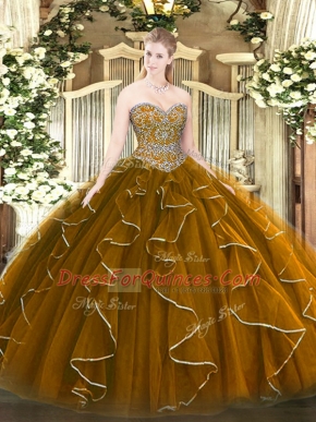 Flirting Sweetheart Sleeveless Quinceanera Gowns Floor Length Beading and Ruffles Brown Tulle
