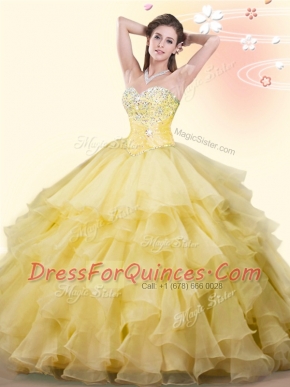 Yellow Sweet 16 Quinceanera Dress Military Ball and Sweet 16 and Quinceanera and For with Beading and Ruffles Sweetheart Sleeveless Lace Up