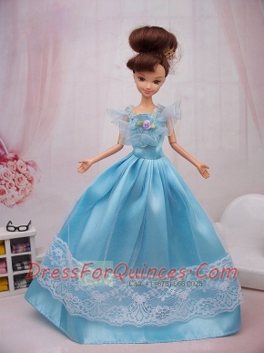 Aqua Blue Hand Made Flower Princess Barbie Doll Dress