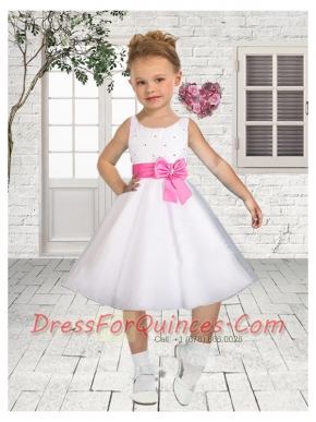 Princess Scoop Knee-length Flower Girl Dress in White with Bowknot