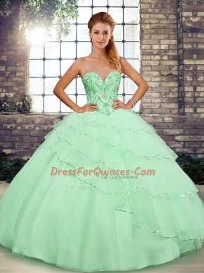 Best Selling Apple Green Lace Up Sweetheart Beading and Ruffled Layers Quince Ball Gowns Tulle Sleeveless Brush Train
