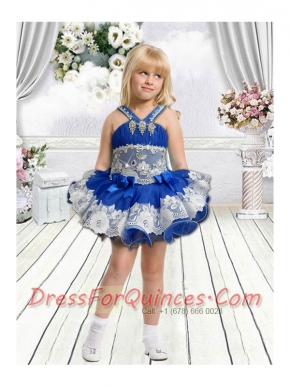 Elegant A-Line Straps Mini-length Lace Beading Bowknot Royal Blue Little Girl Dress