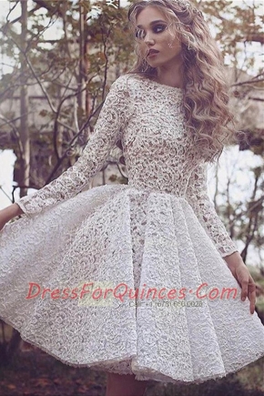 White Long Sleeves Mini Length Lace Lace Up Prom Gown