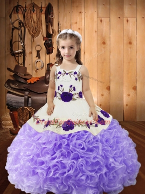 Custom Made Straps Sleeveless Fabric With Rolling Flowers Pageant Dress for Teens Embroidery and Ruffles Lace Up