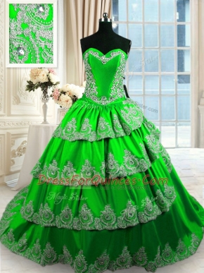 Amazing Ball Gowns Sweetheart Sleeveless Taffeta With Train Court Train Lace Up Beading and Appliques and Ruffled Layers Sweet 16 Dresses