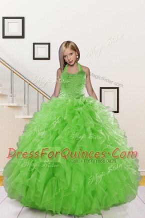 Great Halter Top Organza Sleeveless Floor Length Little Girls Pageant Dress Wholesale and Beading and Ruffles