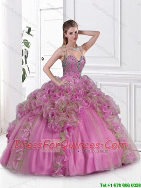 2015 Best Selling Straps Beaded Quinceanera Gowns in Multi Color