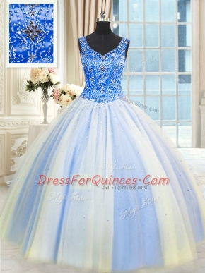 Adorable Sleeveless Floor Length Beading and Sequins Lace Up Vestidos de Quinceanera with Blue And White
