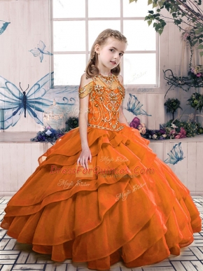 Best Floor Length Orange Red Kids Formal Wear Organza Sleeveless Beading