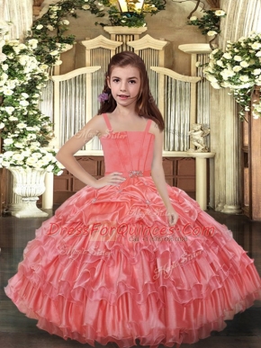 New Style Watermelon Red Sleeveless Ruffled Layers Floor Length Pageant Dress for Teens