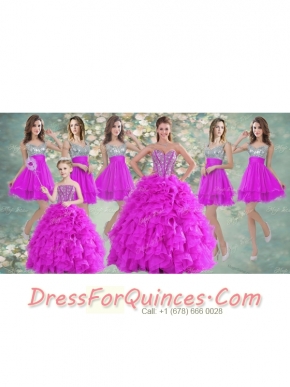 Visible Boning Fuchsia Sweet 16 Gown and Sequined Dama Dresses Beaded and Ruffled Mini Quinceanera Dress