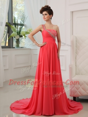 Brush Train Empire Homecoming Dress Watermelon Red One Shoulder Chiffon Sleeveless With Train Zipper
