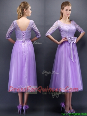 Cheap See Through Scoop Half Sleeves Prom Dresses with Bowknot