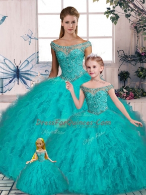 Sleeveless Beading and Ruffles Lace Up Vestidos de Quinceanera with Aqua Blue Brush Train