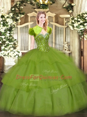 Sleeveless Tulle Floor Length Lace Up Vestidos de Quinceanera in Olive Green with Beading and Ruffled Layers