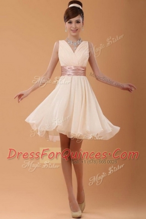 Peach Sleeveless Belt Mini Length Evening Dress
