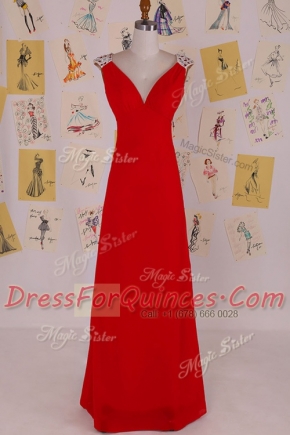 Super Chiffon Sleeveless Floor Length Prom Evening Gown and Beading