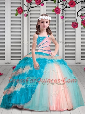 Low Price Multi-color Lace Up Spaghetti Straps Beading and Ruffles Pageant Gowns For Girls Organza Sleeveless