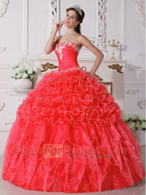 Gorgeous Coral Red Ball Gown Swett-heart Floor-length Organza Embroidery Beading Quinceanera Dress