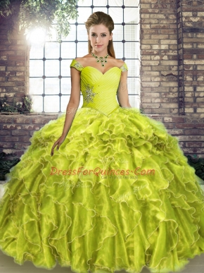 Cute Yellow Green Ball Gowns Off The Shoulder Sleeveless Organza Brush Train Lace Up Beading and Ruffles Quinceanera Dresses
