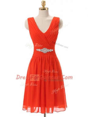 Chiffon V-neck Sleeveless Zipper Beading and Ruching Prom Evening Gown in Red