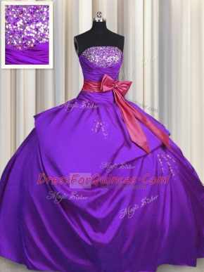 Sleeveless Floor Length Beading and Bowknot Lace Up Quince Ball Gowns with Purple