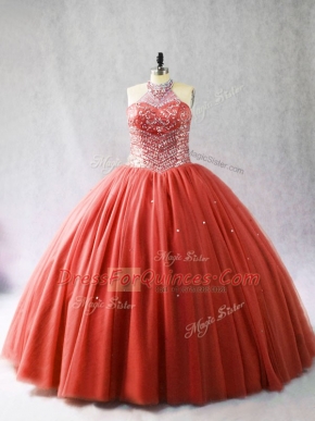 Red Ball Gowns Beading 15 Quinceanera Dress Lace Up Tulle Sleeveless