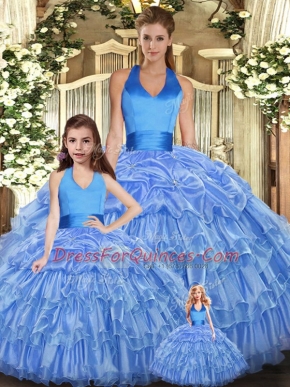 Graceful Sleeveless Floor Length Ruffles and Pick Ups Lace Up Quinceanera Dresses with Baby Blue